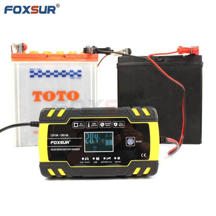 Sạc bình ắc quy 12V 24V 6Ah - 150Ah FOXSUR tự ngắt khi đầy chức năng bảo dưỡng phục hồi ắc quy bằng khử sunfat