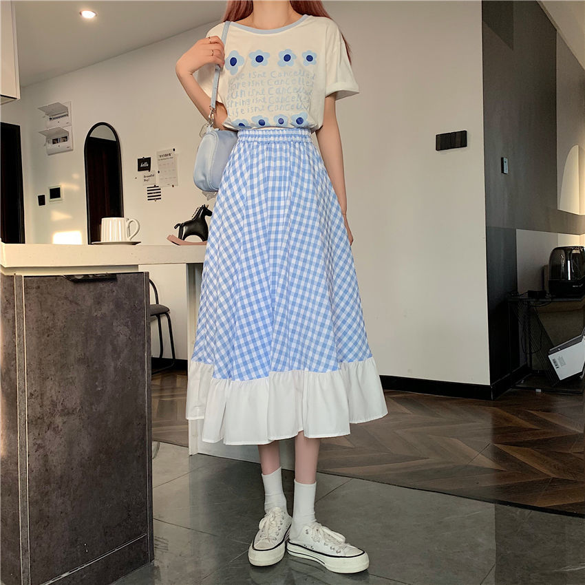 Gangfeng Small Fresh Age Reducing Plaid Splicing Skirt Summer 2021 Female Student Loose Korean Versatile Skirt[delivery Within 15 Days ]