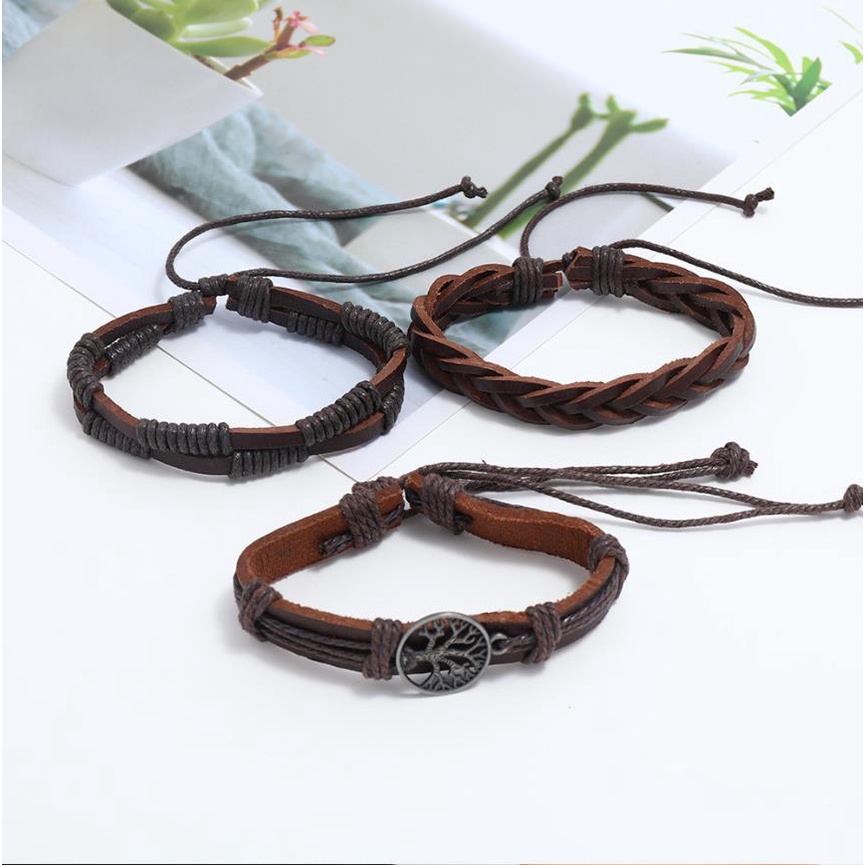 Bộ 3 Vòng Tay Da Bện Phối Mặt Hợp Kim Hình Cây Đơn Giản Phong Cách Vintage Cho Nam