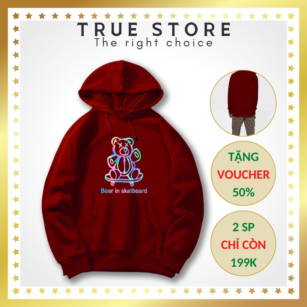 [ĐỘC & LẠ] Áo nỉ hoodie phản quảng cao cấp có mũ và dây in hình GẤU TRƯỢT VÁN màu đỏ đô, True Store, KN27