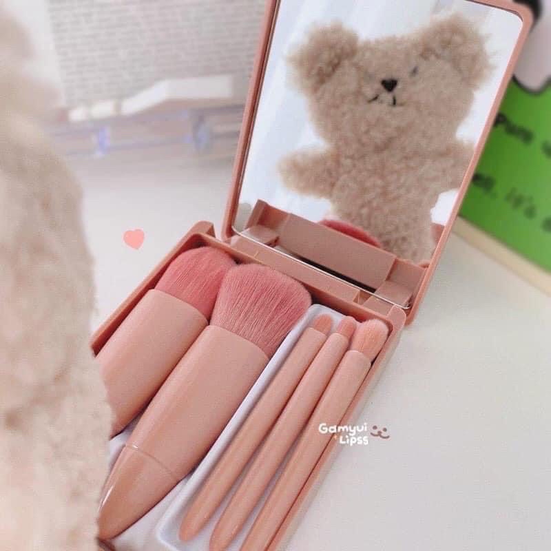 Bộ cọ trang điểm makeup cá nhân 6 món màu hồng Vintage hộp gương