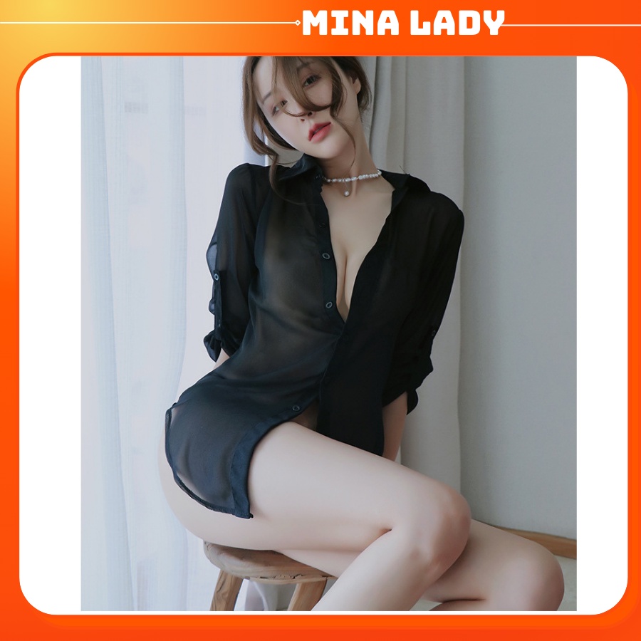 Đồ Áo Ngủ Nữ Áo Sơ Mi Ngủ Nữ Mỏng Sexy Gợi Cảm Xuyên Thấu Kèm Quần Lọt Khe Voan Mỏng Dài Tay