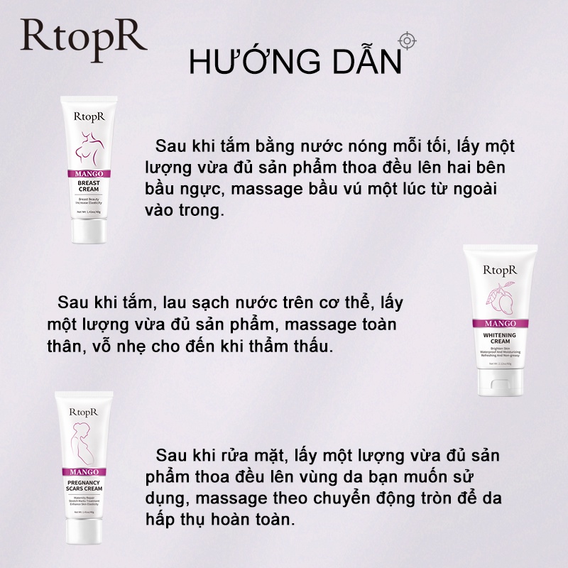 Bộ sản phẩm RtopR gồm Kem nở ngực xoài + Kem mang thai Mango + Kem làm trắng da xoài