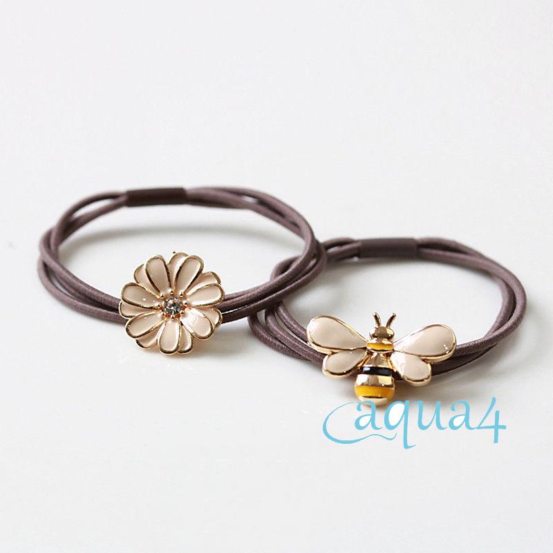 ANANA-Hair Ties for Women, Elastic Hair Rope with Alloy Daisy/Bee Decor, Ponytail Hair Holder Bracelet for Girls, Teens, Apricot