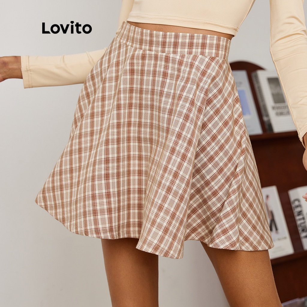 Chân váy chữ A Lovito in caro thường ngày L19D339 (màu quả mơ)