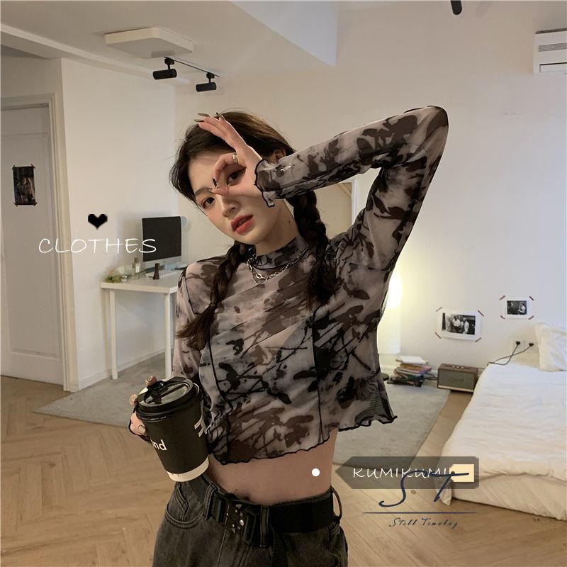 Áo Crop Top Tay Dài Phối Lưới Xuyên Thấu In Họa Tiết Trừu Tượng Thời Trang Cho Nữ