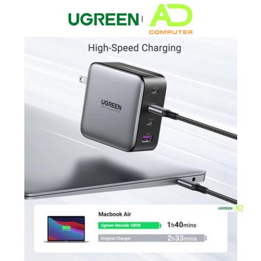 Củ sạc nhanh 100W UGREEN 40737 Chuẩn sạc nhanh PD, QC 3.0 - Sạc được cho laptop - Hàng phân phối chính hãng