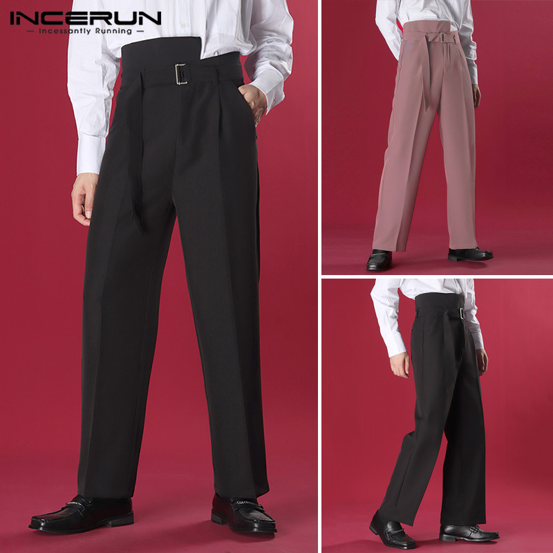 INCERUN Quần Dài Nam Lưng Cao Ống Rộng Màu Trơn Thời Trang