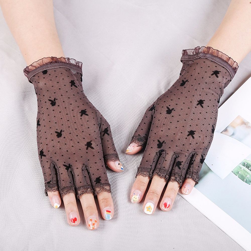 Găng Tay Lái Xe Hở Ngón Phối Ren Lưới Mỏng Họa Tiết Đầu Thỏ Nhiều Màu Cổ Điển Quyến Rũ Cho Nữ