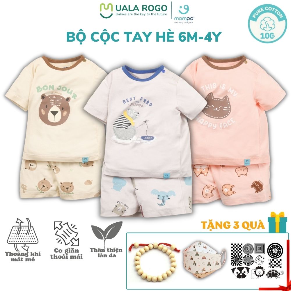 Bộ quần áo cộc tay cho bé Mompa 6 tháng - 4 tuổi vải cotton thoáng mát cổ tròn cúc cổ thấm hút mặc hè 202