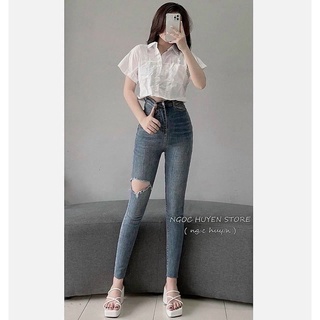 Quần jeans ôm cạp cao hack dáng màu siêu tây
