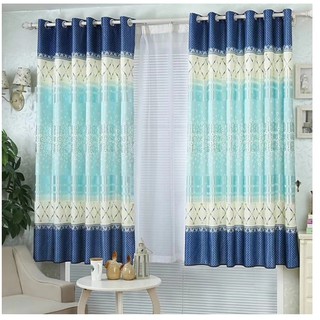 Rèm Cửa Treo Cửa Có Sẵn Khoen Tròn, Rèm Trang Trí -  Hoa Sọc Xanh XD013