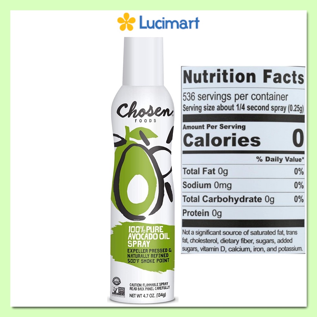 Dầu bơ Chosen Foods dạng xịt Avocado Oil Spray, chai 134g / chai 750ml [Hàng Mỹ]
