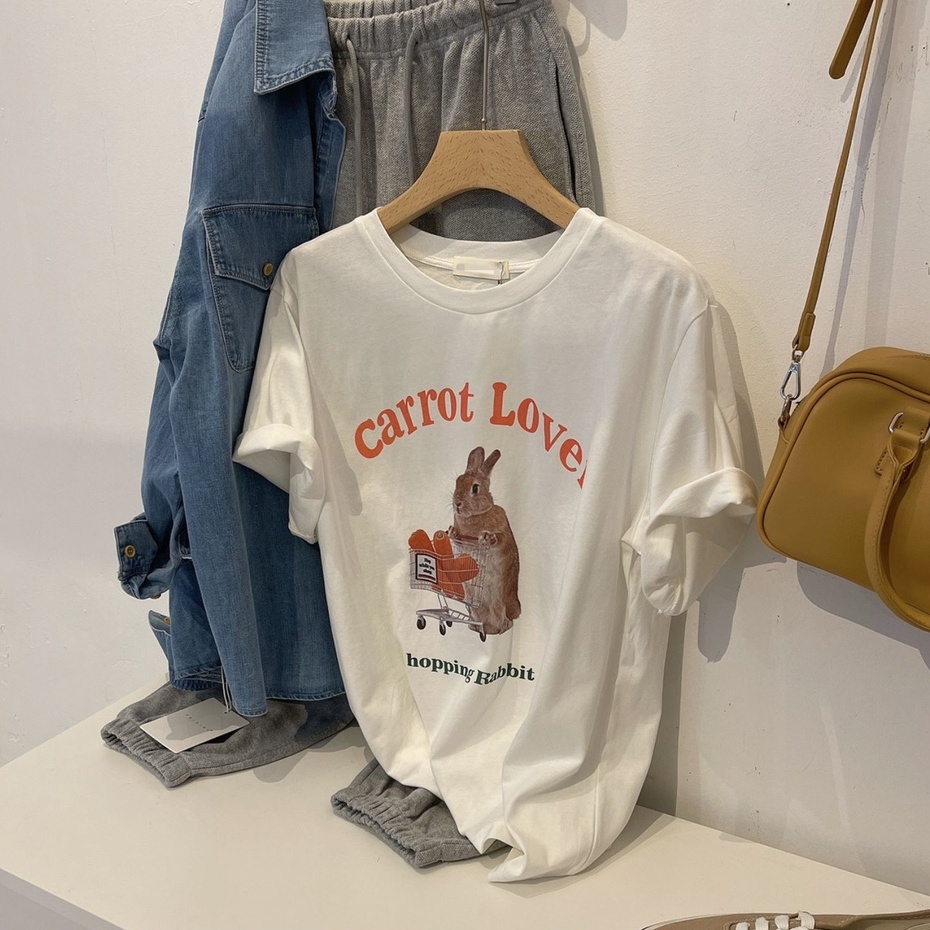 NUZIRO Áo thun  cotton tay ngắn cổ tròn in họa tiết hoạt hình phong cách cổ điển thời trang cho nữ