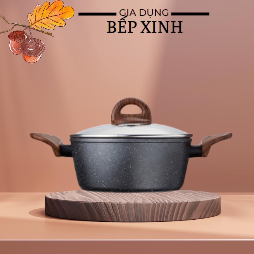 Nồi Nhôm Chống Dính Lock&Lock Baum Marble 2 Tay Cầm Giả Vân Gỗ,Nắp Thủy Tinh LBU1202 LBU1242 (20-24cm) - Hàng Chính Hãng