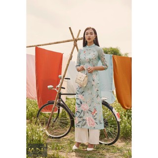 Áo dài Cẩm Vân màu xanh thiên thanh cao cấp hoạ tiết in 3D nổi bật