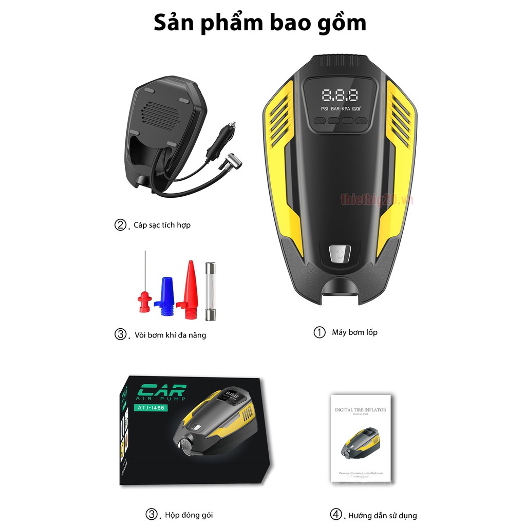 Máy bơm lốp ô tô điện tử ATJ-1466 - Có đèn pin, tự ngắt và cài đặt cân hơi (Điện 12V)