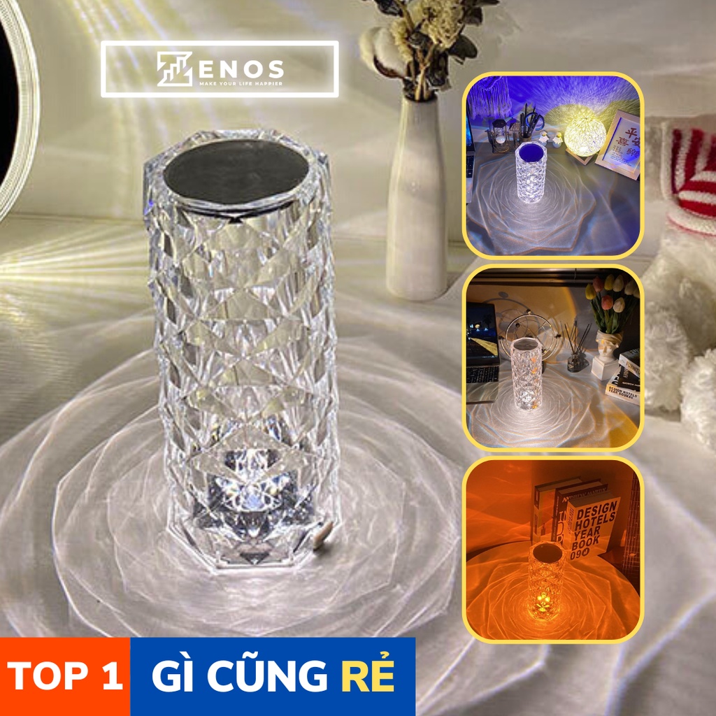 Đèn Ngủ Pha Lê Cảm Ứng Để Bàn 3 Màu, Decor Phòng Hiệu Ứng Ánh Sáng Hoa Hồng 3D Siêu Đẹp, Tặng Kèm Cáp Sạc USB Type-C