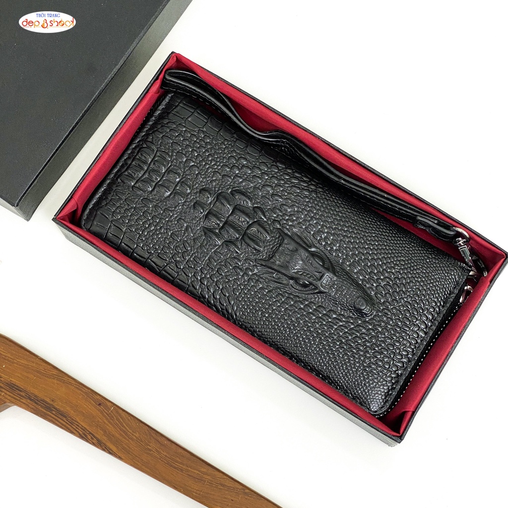 Ví Cầm Tay Da Bò Thật Dập Vân Cá Sấu Clutch Nam,nữ Cao CấpDepvashock BH 3 năm