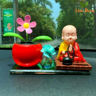 Tượng Chú Tiểu Gõ Mõ Gật Đầu Và Hoa Hướng Dương Lắc Lư, Trang Trí Taplo Ô Tô, Bàn Thờ, Bàn Làm Việc (Tặng kèm nước hoa)