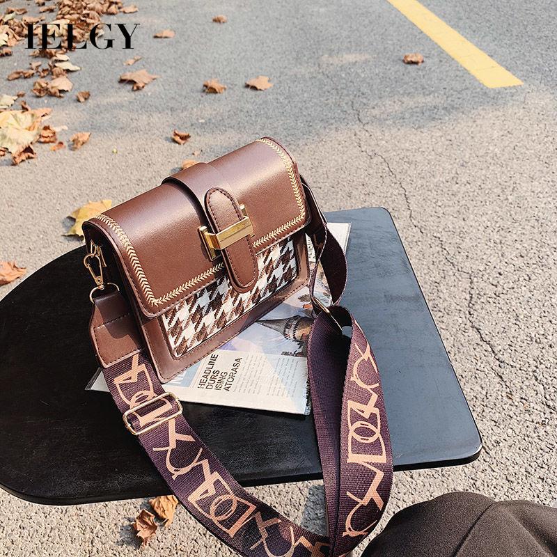 Túi đeo chéo IELGY hình vuông nhỏ họa tiết kẻ ô dây đeo bản rộng chất lượng cao phong cách Hàn Quốc cổ điển