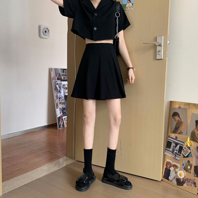 Chân váy xếp ly chân váy ngắn Set Áo Thun Ngắn Tay + Chân Váy Xếp Ly Lưng Cao Thời Trang Nữ