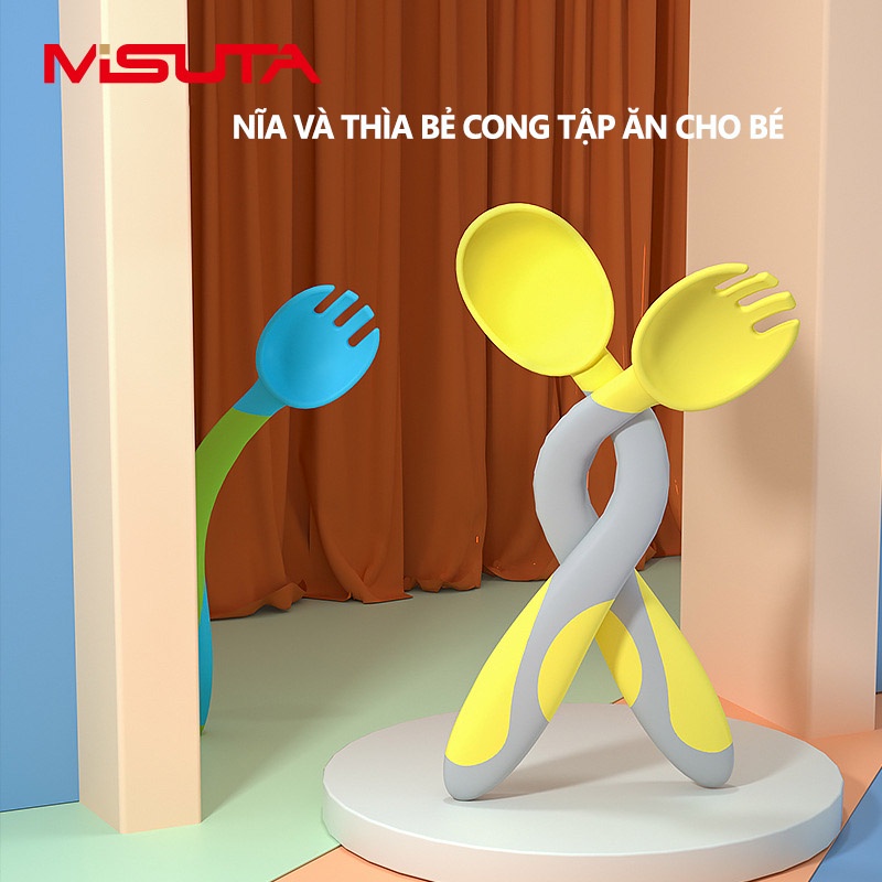 Thìa ăn dặm bẻ cong cho bé tập ăn tập xúc cao cấp MISUTA (sét 2 chi tiết)- Shop Mẹ Khoai
