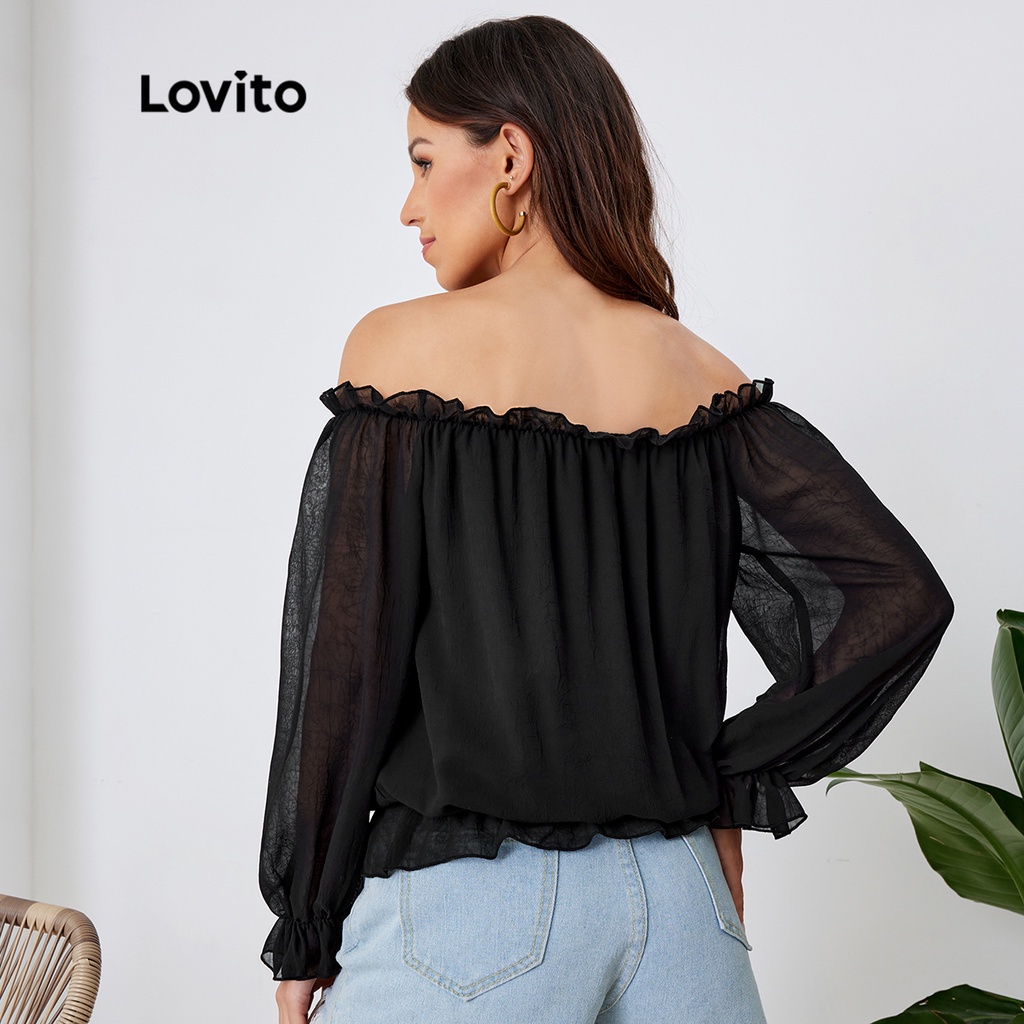 Lovito Boho áo sơ mi chiffon lệch vai L24LD191 (đen)