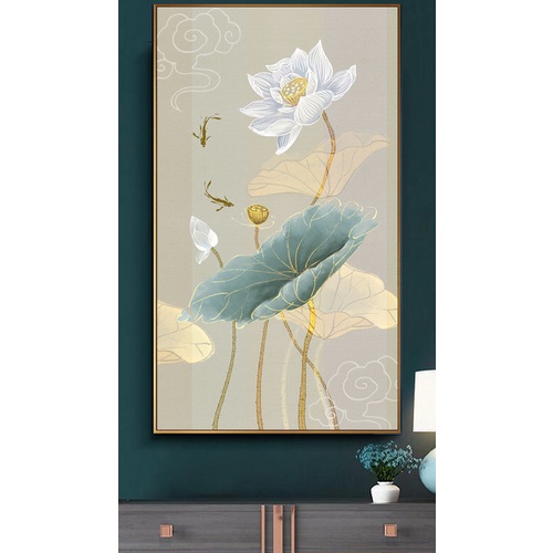 Tranh canvas treo tường hoa sen trắng kích thước yêu cầu - 47 x 81 cm