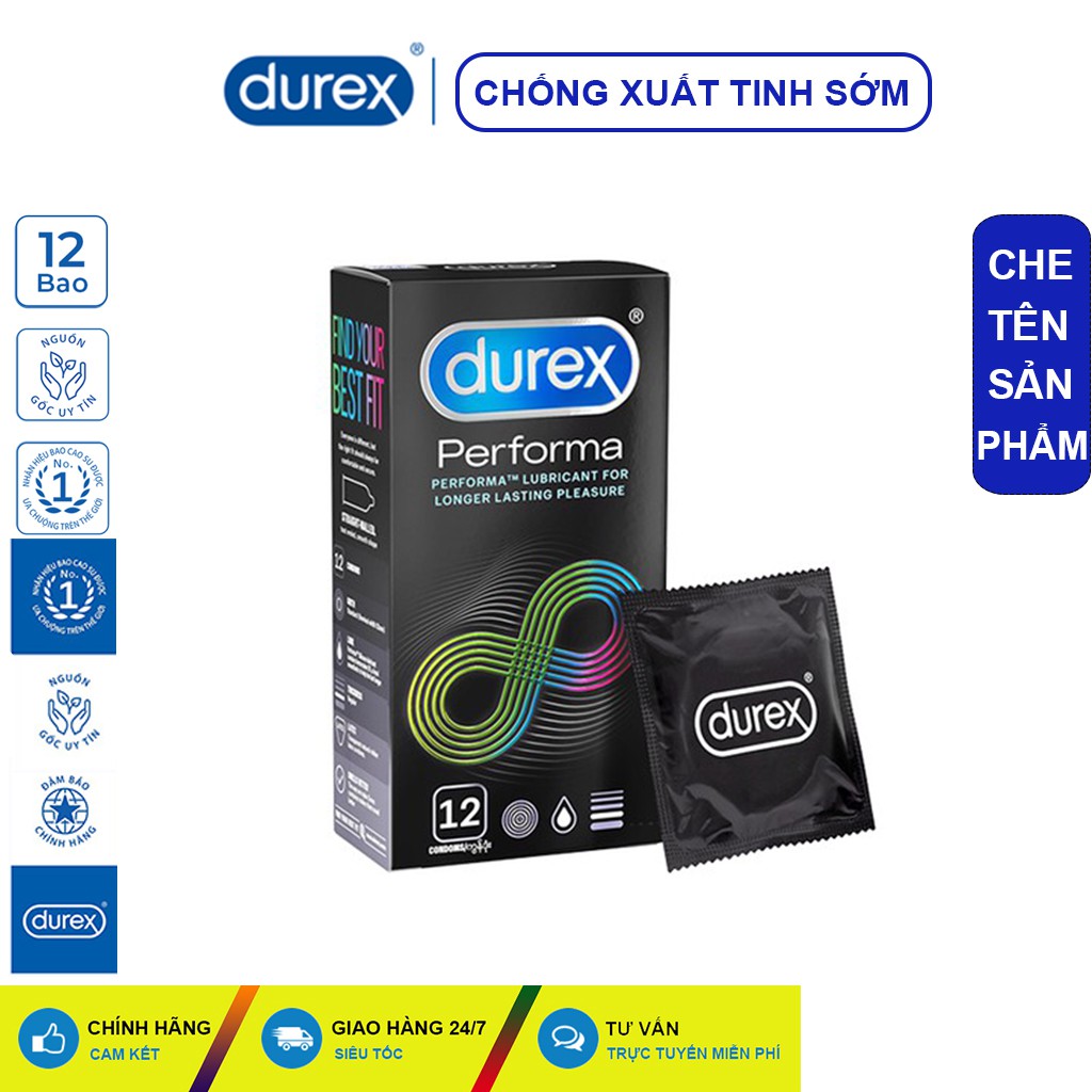 Bao cao su Durex Performa 12 bcs / hộp, bao cao su durex chống xuất tinh sớm + Tăng kèm 3 bao/hộp.