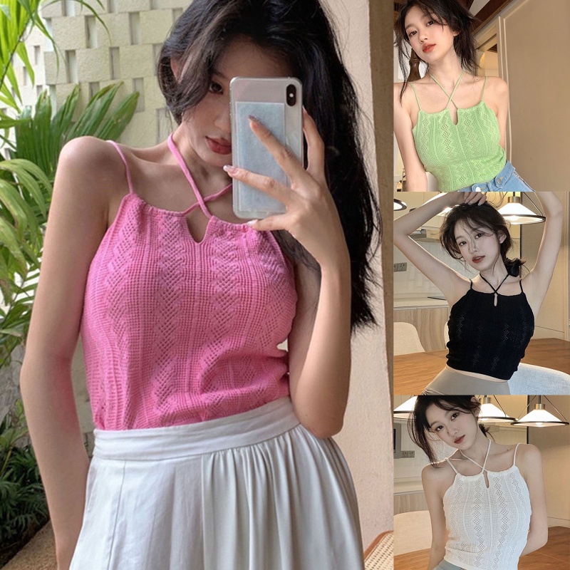 Áo Croptop Dệt Kim Sát Nách Cổ Yếm Thời Trang Cho Nữ