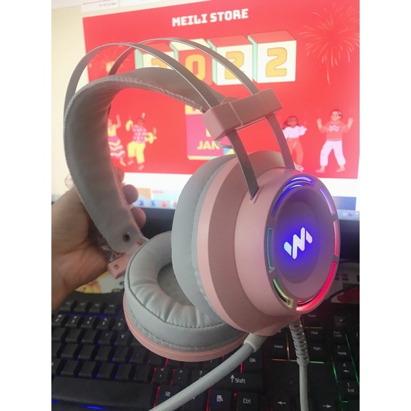 Tai nghe WANGMING 9800S 7.1 LED RAINBOW - Headphone chơi game màu hồng dễ thương