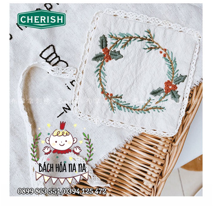 Khăn Tay Vải Cotton Phối Ren Thêu Họa Tiết Kiểu Vintage Dễ Thương Cho Nữ-DIY Gói nguyên liệu thêu khăn tay HOA CỎ-NA NA