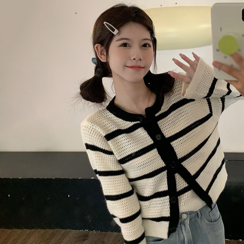 Set Áo Hai Dây Dệt Kim Kẻ Sọc + Áo Khoác Cardigan Thời Trang Nữ