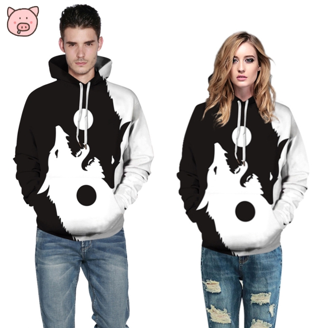 Men Women 3D Wolf Moon Digital Printed Loose Hoodies for Casual Dating Campus