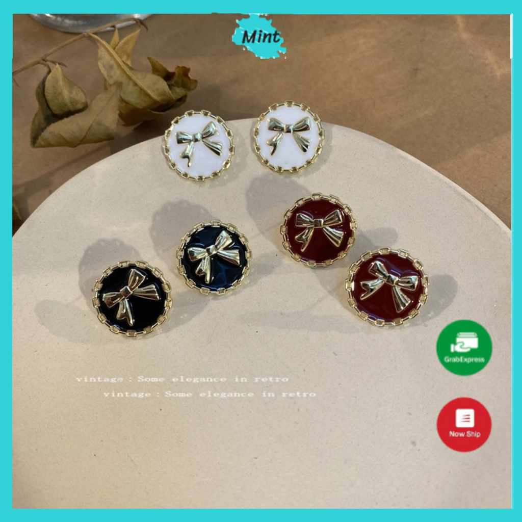 Bông Tai Dáng Tròn Vintage ❤️KHÔNG GÂY DỊ ỨNG❤️ Bông Tai Nơ Tròn Thanh Lịch Chuôi Bạc S925