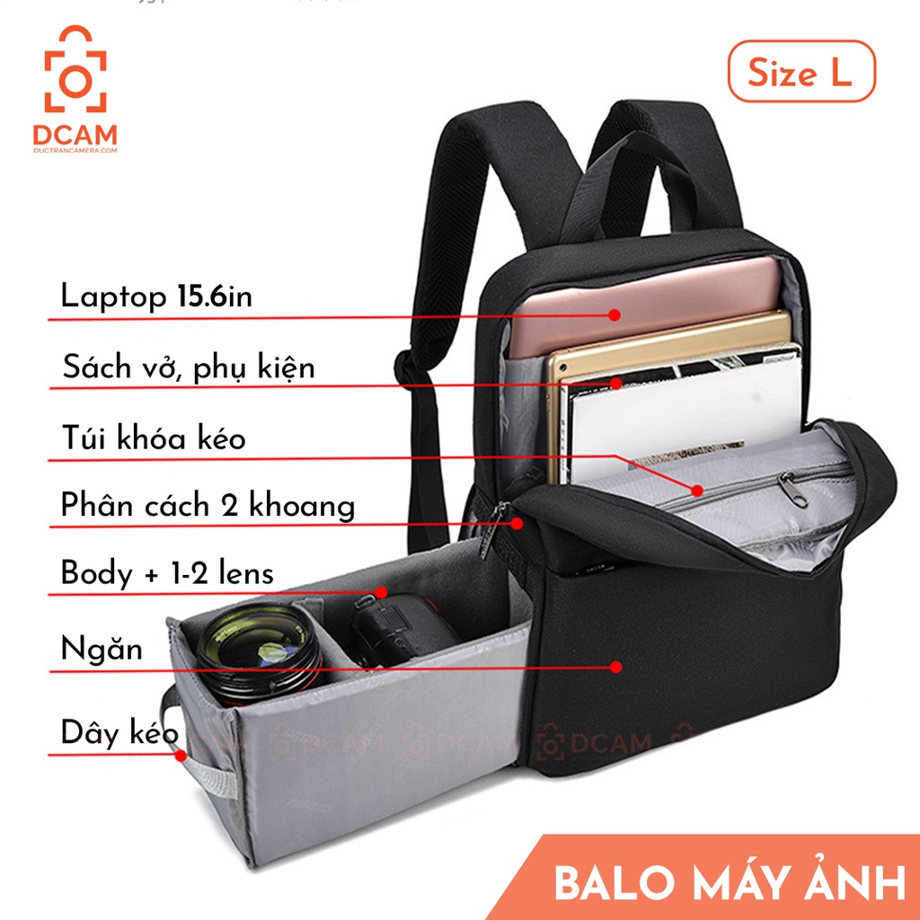 Balo máy ảnh Caden Half Photo - CHỐNG NƯỚC 100% - Thao tác nhanh - Có ngăn đựng lapop