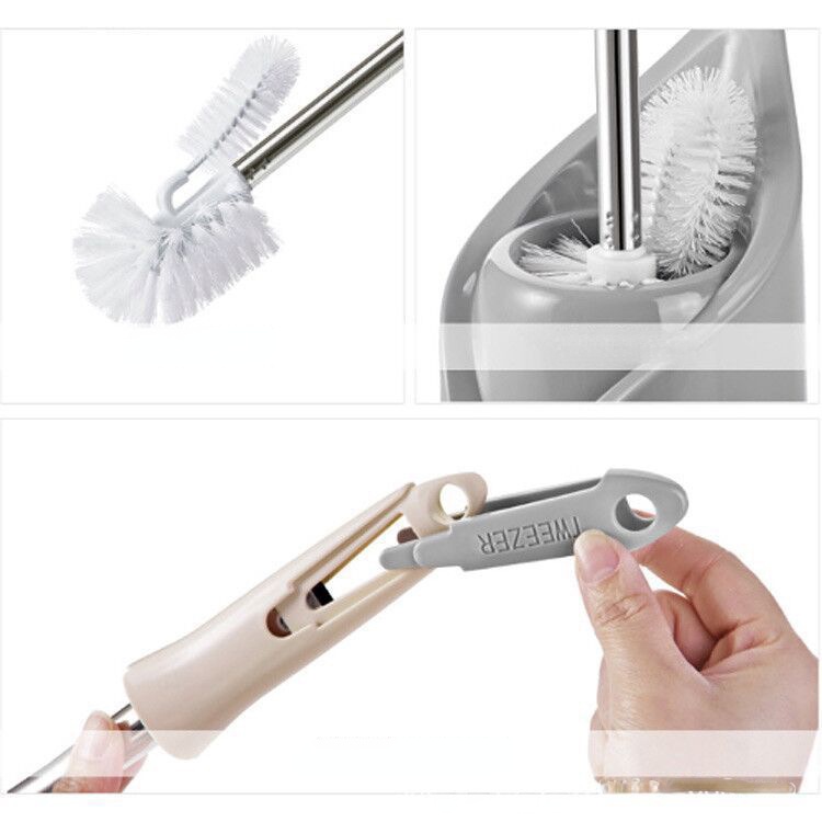 Bộ Bàn Chải Chà Toilet Bằng Thép Không Gỉ Với Giá Đỡ Và Kẹp Nhỏ Hai Đầu Cọ Vệ Sinh Toilet