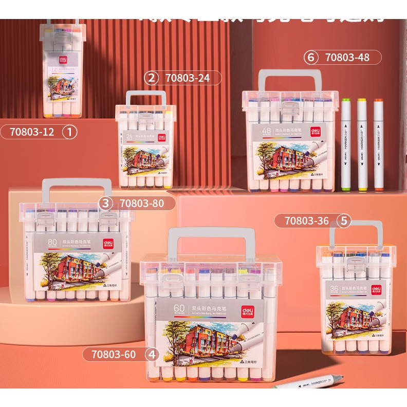 Bút lông màu Maker chuyên nghiệp DELI hộp nhựa an toàn cho bé - 2 đầu cao cấp Deli