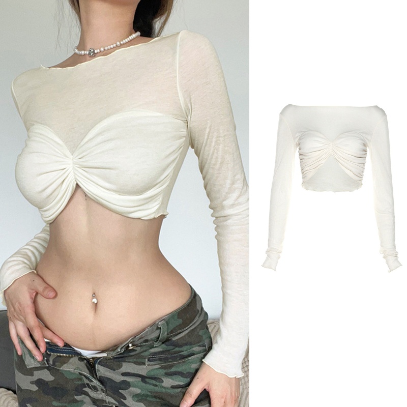 Áo Thun Crop Top Tay Dài Cổ Tròn Màu Sắc Đơn Giản Cho Nữ