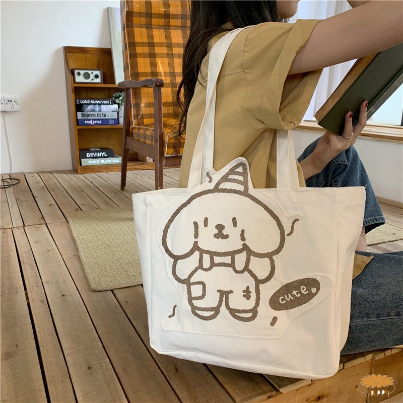 Túi canvas đeo chéo cỡ lớn in hình chú chó đơn giản thời trang dành cho học sinh
