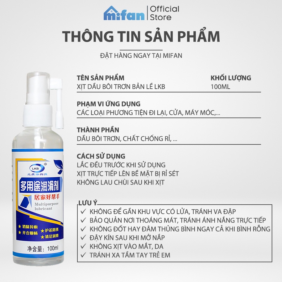 Chai Xịt Dầu Bôi Trơn Đa Năng Lkb 100ml MIFAN- Giảm tiếng ồn, ngăn chặn rỉ sét cửa, ổ khóa, bánh xe, ray trượt, khớp nối