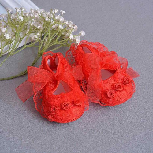 Giày dép tập đi cho bé gái ren hoa hồng cho bé từ 12cm cho bé từ 4-12 tháng