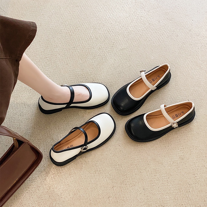 Giày Mary Jane nữ gót thấp đế bằng mùa hè mới da mềm retro