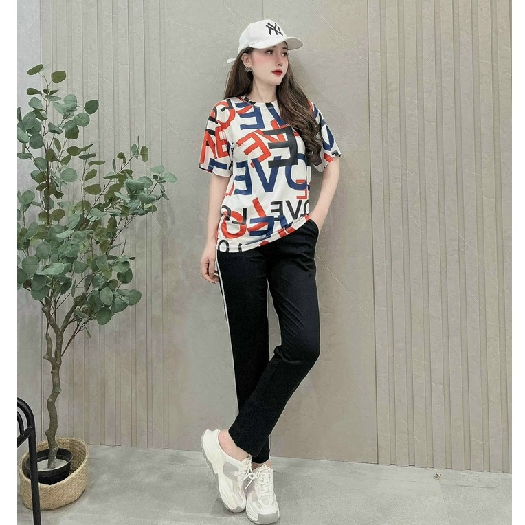 Đồ Bộ Thun Nữ - Bộ Đồ Thể Thao Nữ Áo Thun In Họa Tiết 3D Quần Sọc Thể Thao Chất Thun Cotton Đủ Size M L XL XXL.