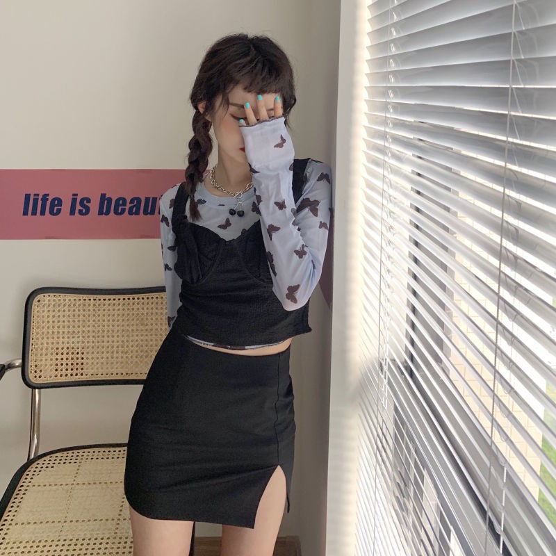 Spot sale butterfly net yarn design sense long-sleeved bottoming T-shirt + niche vest two-piece short top suit