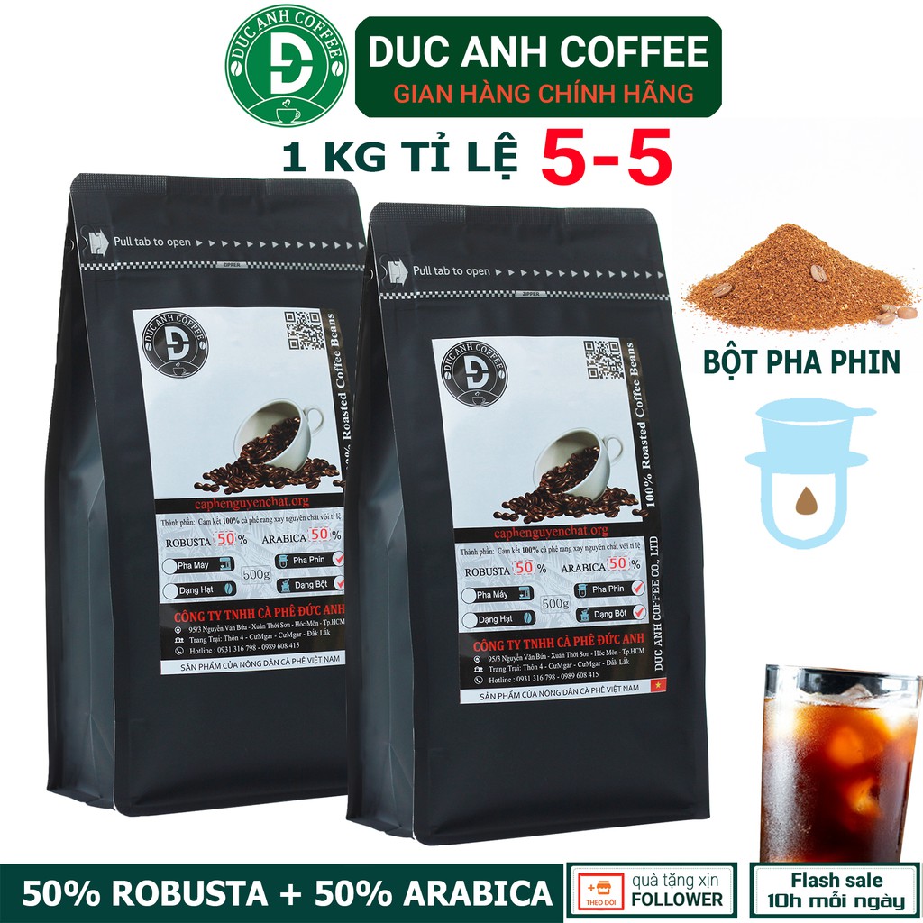 1kg Cà Phê Bột Pha Phin tỉ lệ 5-5 rang mộc DUC ANH COFFEE với 50% Robusta + 50% Arabica cafe nguyên chất cà phê Đức Anh