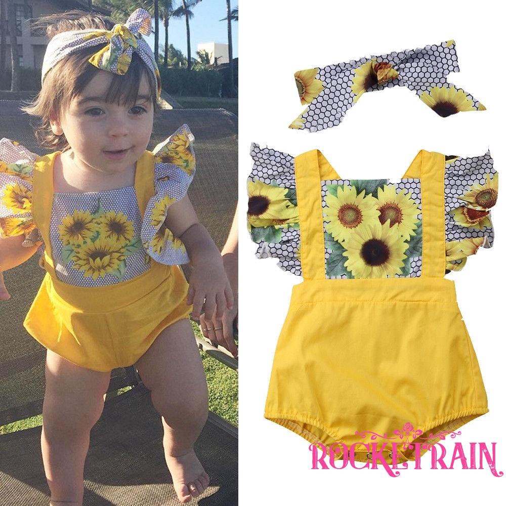 Set jumpsuit sát nách họa tiết hoa + băng đô cài tóc xinh xắn dành cho bé gái