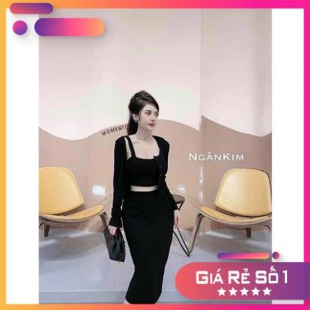Set váy thun 3 món, set áo 2 dây kèm áo khoác cadigan ngoài mix chân váy dài, set thun ôm body sexy, mặc siêu tôn dáng