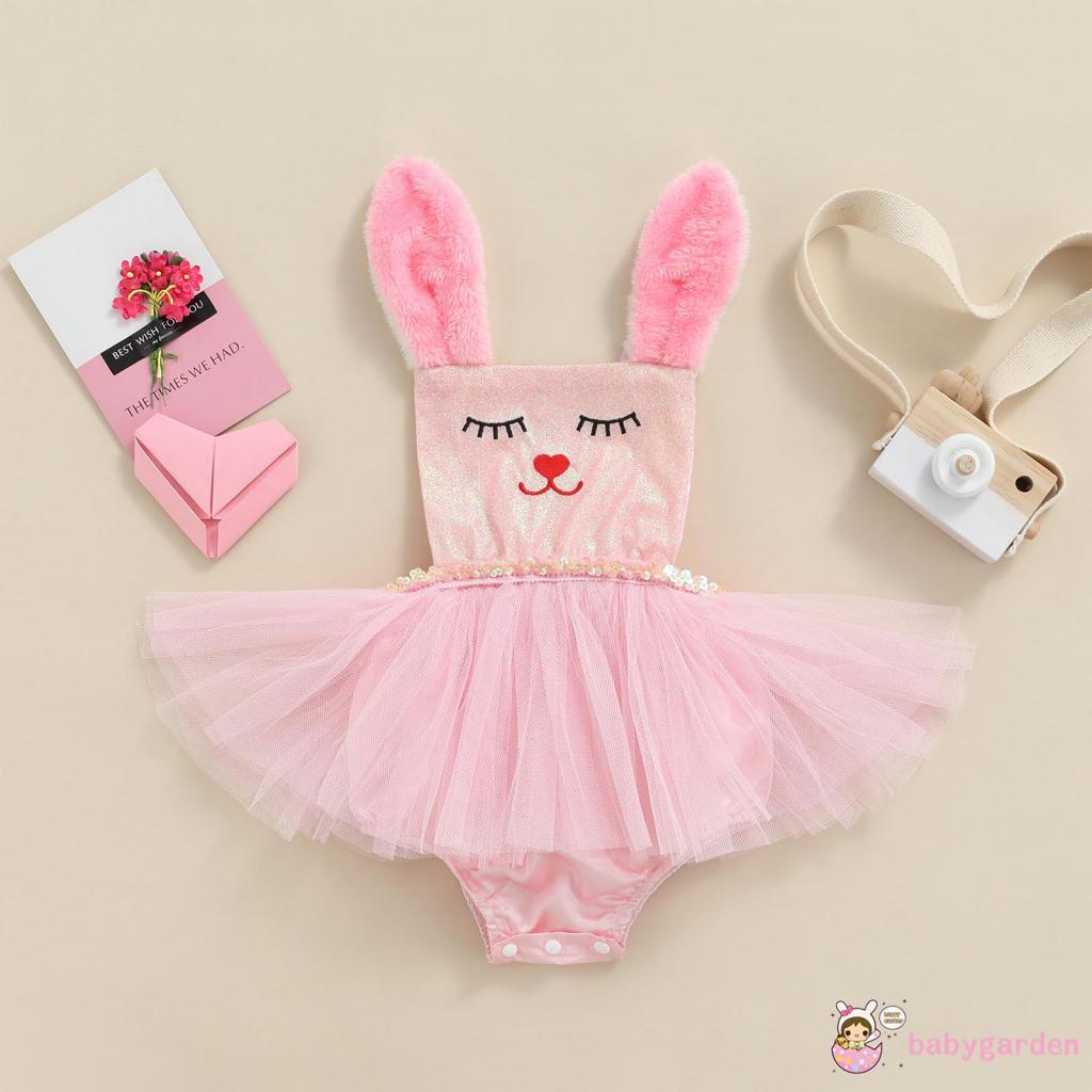 Bộ Áo Liền Quần Không Tay In Hình Thỏ Đính Kim Sa Dễ Thương Dành Cho Bé Gái 0-24 Tháng Tuổi